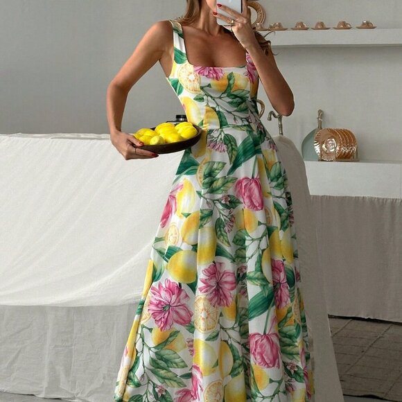 Dresses & Skirts - Boho Womens Floral & Fruit Print Backside Zipper Sleeveless Maxi Dress